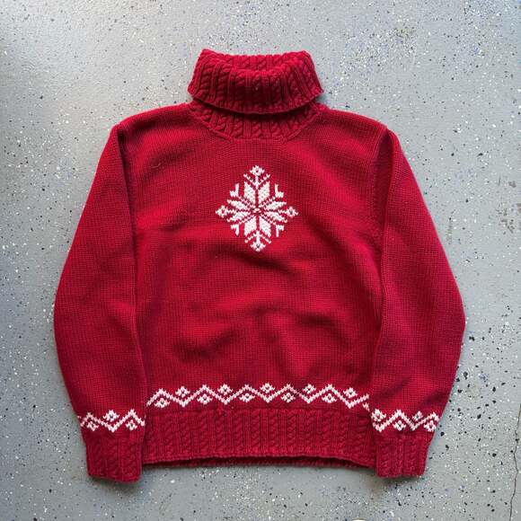 Lauren Ralph Lauren Sweaters - Lauren Ralph Lauren Hand Knit Cotton Berry Red Snowflake Turtleneck Sweater